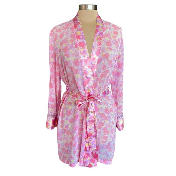 Delicates Pink Yellow Watercolor Floral Short Satin Robe Lace Trim Belted SMALL - Picture 1 of 9